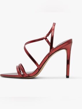 Aldo Metallic Cherry Red Strappy Stiletto Sandals: kitten heel